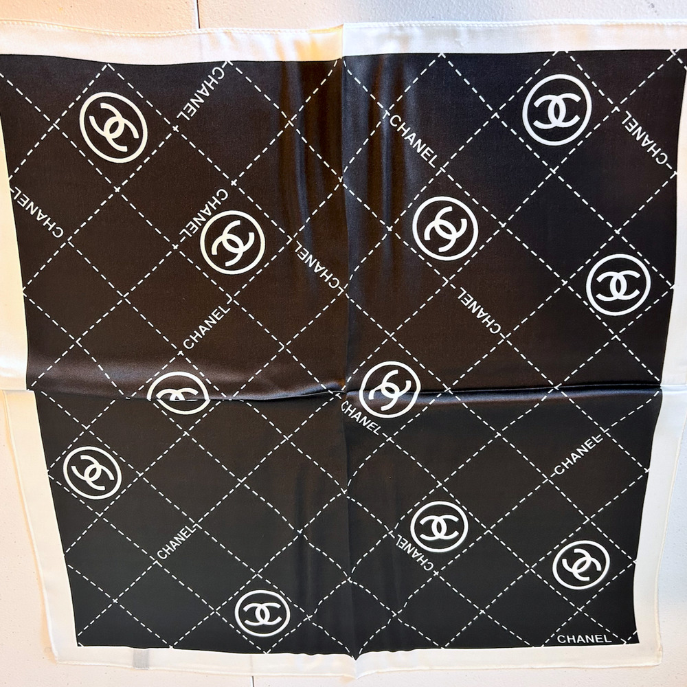 100% SILK Luxury Scarf Designer Logo 20" White on Black Glam Coquette Couture - Picture 3 of 4